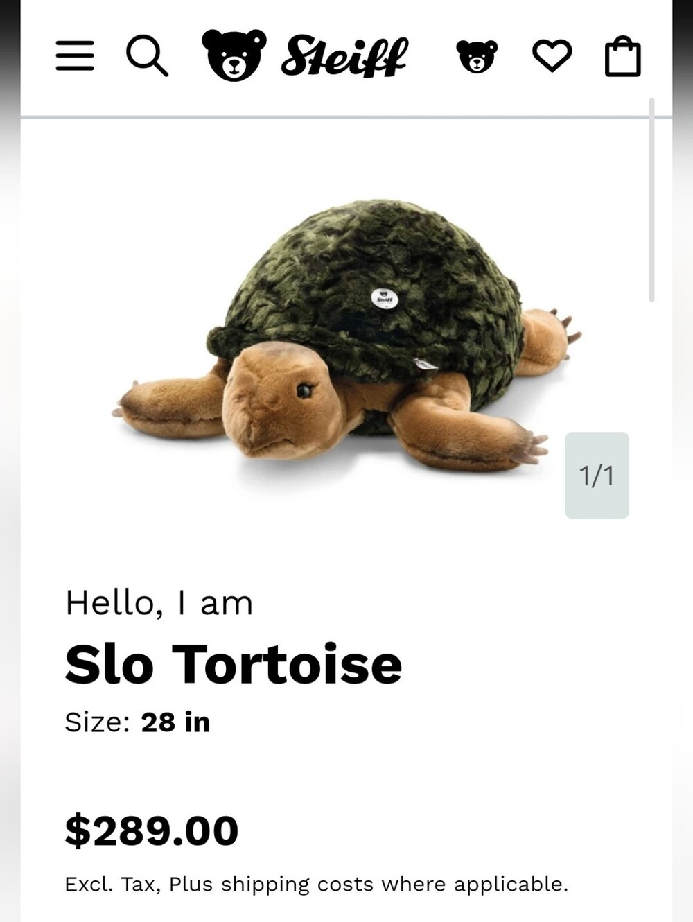 Large Steiff Plush Turtle/tortoise